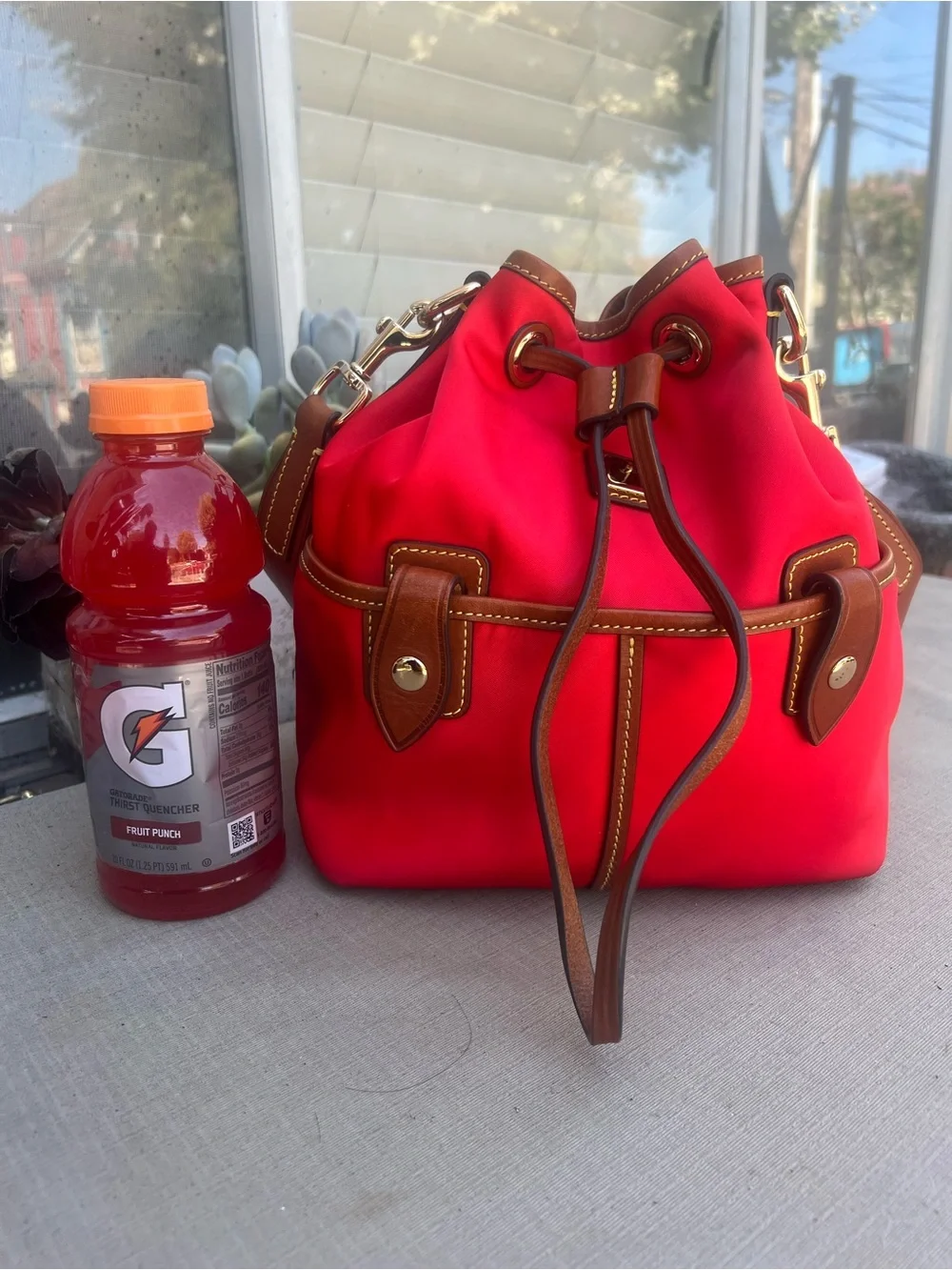 Red Drawstring Hobo with Brown Leather Trim